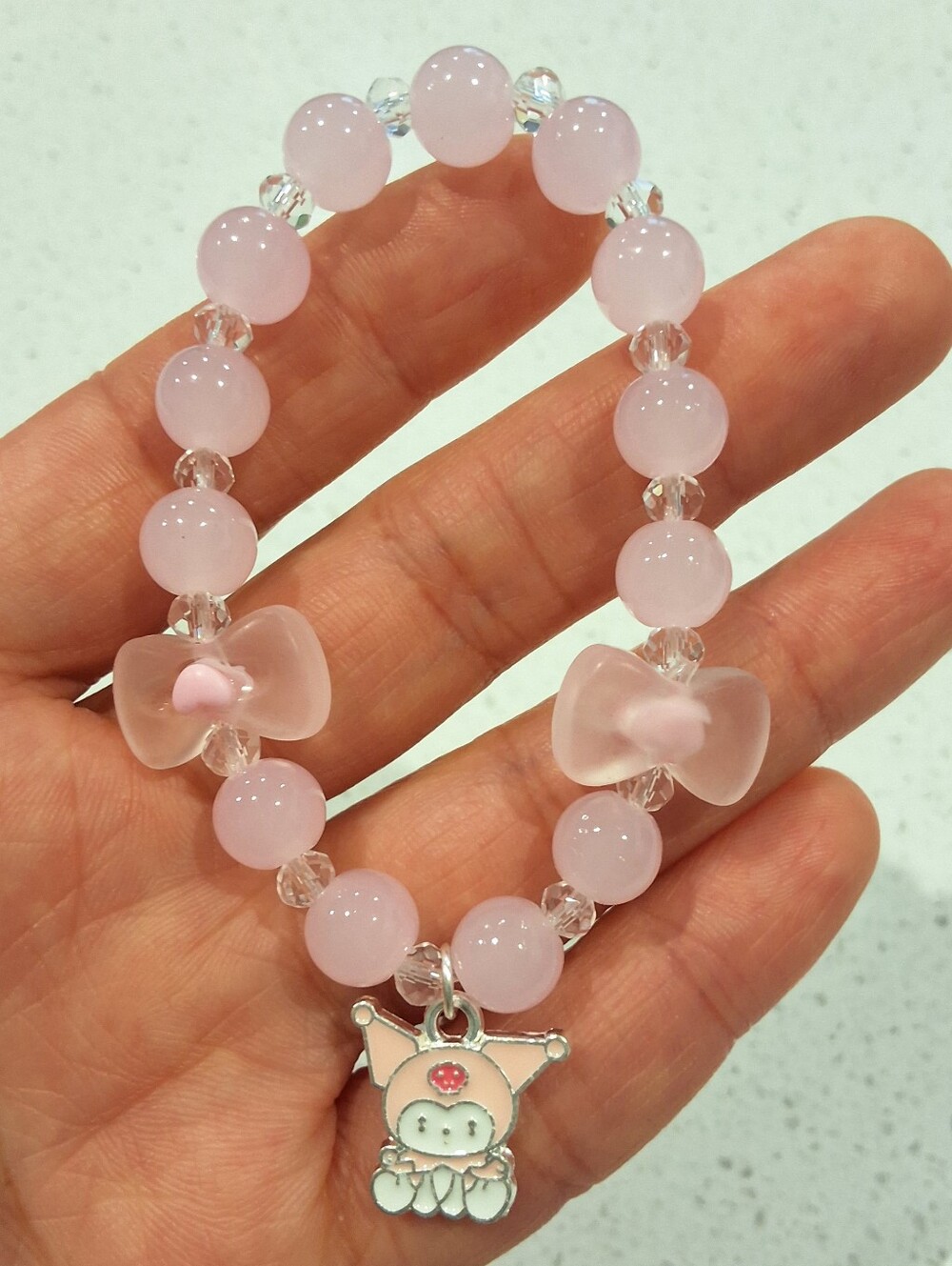 Beautiful Kuromi Light Pink Beaded Bow Charm Bracelet, NEW